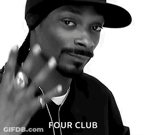 A Black And White Photo Of Snoop Dogg Wearing A Hat And A Necklace With The Words Four Club Below Him GIF