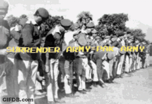 A Black And White Photo Of Soldiers With Surrender Army Pak Army Written On The Bottom GIF