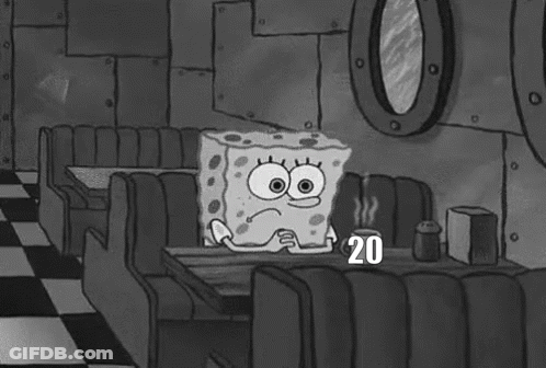A Black And White Photo Of Spongebob Squarepants Sitting At A Table In A Diner . GIF