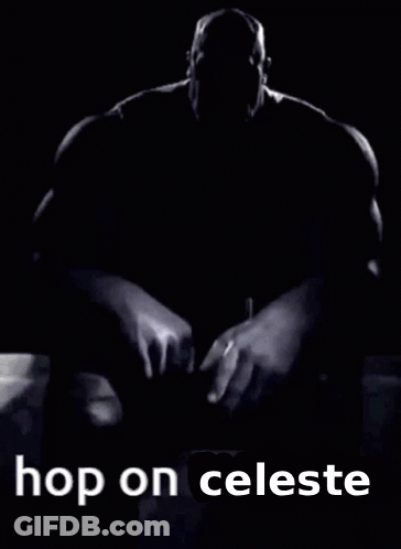 A Black And White Photo Of Thanos With The Words Hop On Celeste Written Below Him GIF