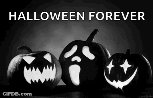 A Black And White Photo Of Three Pumpkins With Faces Carved Into Them And The Words `` Halloween Forever '' . GIF