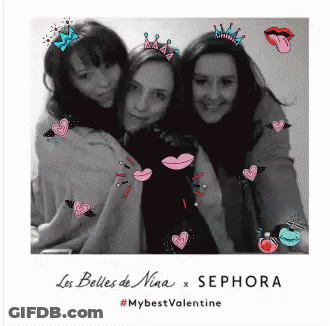 A Black And White Photo Of Three Women With The Words Les Belles De Nina X Sephora At The Bottom GIF