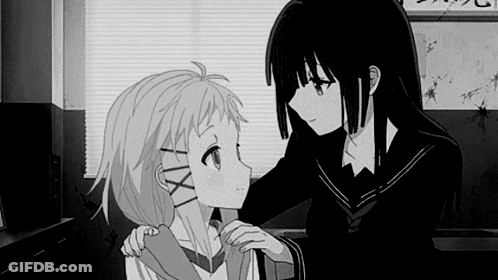A Black And White Photo Of Two Anime Girls Standing Next To Each Other In A Room . GIF
