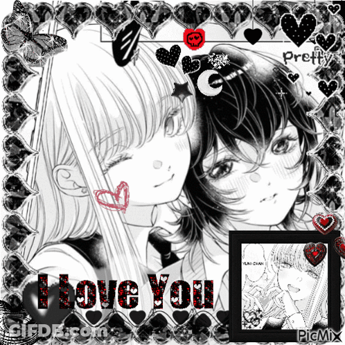 A Black And White Photo Of Two Anime Girls With The Words I Love You Written In Red GIF