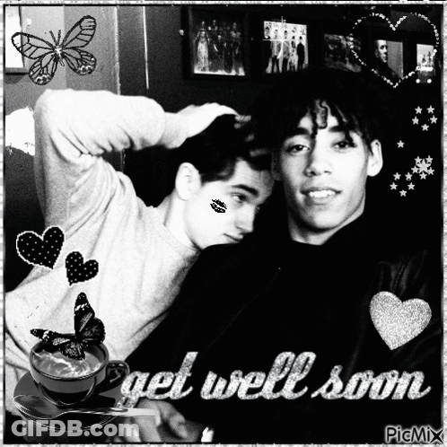 A Black And White Photo Of Two Boys With The Words Get Well Soon GIF