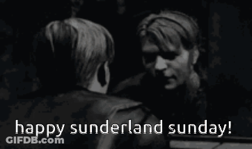A Black And White Photo Of Two Men Hugging Each Other With The Words Happy Sunderland Sunday . GIF