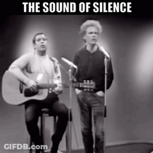 A Black And White Photo Of Two Men Singing Into Microphones With The Words " The Sound Of Silence " Above Them GIF