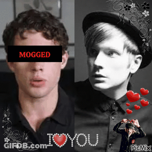 A Black And White Photo Of Two Men With Hearts And The Words I Love You On The Bottom GIF