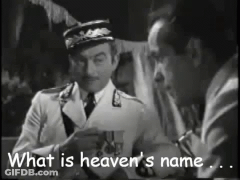 A Black And White Photo Of Two Men With The Words What Is Heaven 'S Name On The Bottom GIF