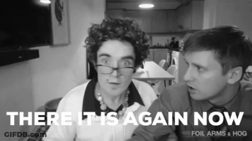 A Black And White Photo Of Two People With The Words " There It Is Again Now " On The Bottom GIF