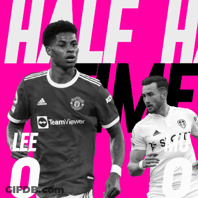 A Black And White Photo Of Two Soccer Players With The Words Half Time On The Top GIF