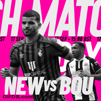 A Black And White Photo Of Two Soccer Players With The Words News Vs Bou In The Bottom Right Corner GIF