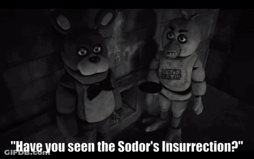 A Black And White Photo Of Two Stuffed Animals With The Words " Have You Seen The Sodor 'S Insurrection " GIF