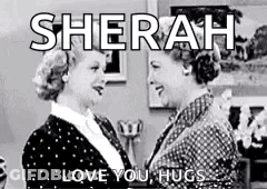 A Black And White Photo Of Two Women Hugging Each Other With The Words `` Sherah Love You Hugs '' . GIF