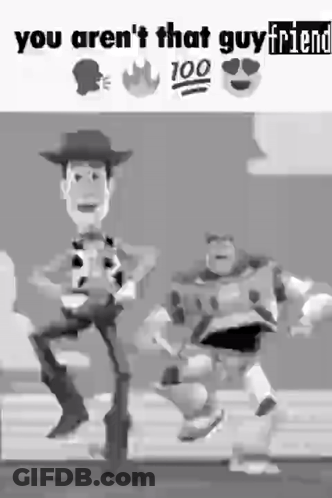 A Black And White Photo Of Woody And Buzz Lightyear Dancing GIF