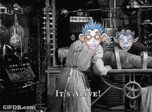 A Black And White Photo With A Caption That Says It 'S Alive On It GIF