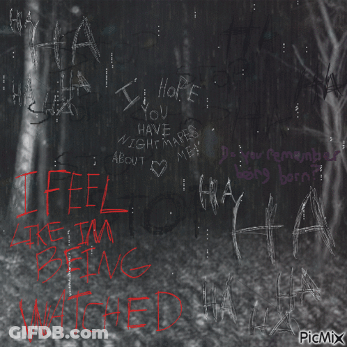 A Black And White Photo With The Words I Feel Like I 'M Being Watched Written In Red GIF