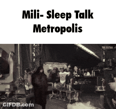 A Black And White Photo With The Words Mili Sleep Talk Metropolis GIF