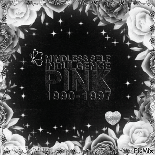 A Black And White Photo With The Words Mindless Self Indulgence Pink 1990-1997 Surrounded By Roses GIF