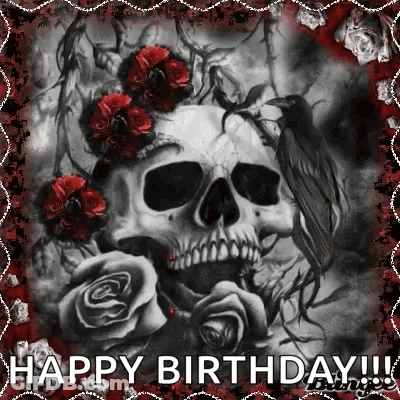 A Black And White Picture Of A Skull With Roses And A Bird . GIF