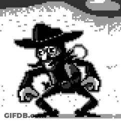 A Black And White Pixel Art Drawing Of A Cowboy With A Gun . GIF