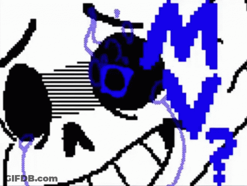 A Black And White Pixel Art Of A Cartoon Character With A Blue M In The Background GIF