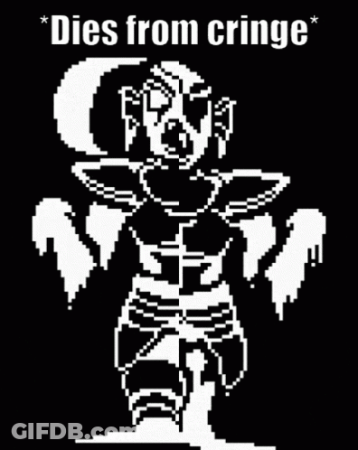 A Black And White Pixel Art Of A Cartoon Character With The Words `` Dies From Cringe '' . GIF