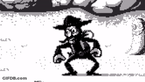 A Black And White Pixel Art Of A Man In A Hat GIF
