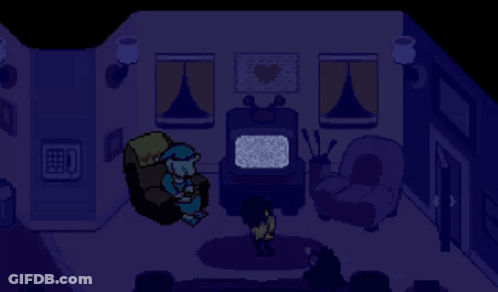 A Black And White Pixel Art Of A Room With A Person Sitting On A Couch Talking On A Phone . GIF
