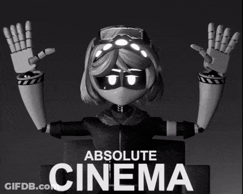 A Black And White Poster For Absolute Cinema Shows A Robot GIF