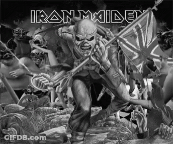 A Black And White Poster For Iron Maiden With A Man Holding A Flag GIF