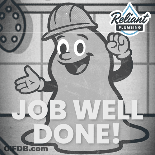 A Black And White Poster For Reliant Plumbing With A Cartoon Character GIF