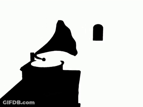 A Black And White Silhouette Of A Building With A Phonograph On Top Of It . GIF