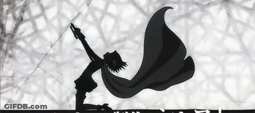 A Black And White Silhouette Of A Person With A Cape Holding A Gun GIF