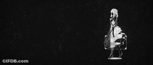 A Black And White Silhouette Of A Woman Standing Next To A Suitcase . GIF