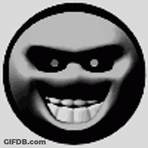 A Black And White Smiley Face With A Big Smile And A Mask On It . GIF