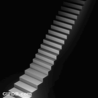 A Black And White Staircase With A Light At The End GIF