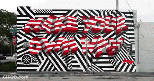 A Black And White Striped Wall Has The Word Sketch Written On It GIF