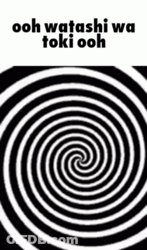 A Black And White Swirl With The Words Ooh Watashi Wa Toki Ooh On It GIF