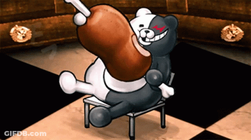 A Black And White Teddy Bear Is Sitting On A Chair Holding A Piece Of Meat GIF