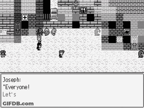 A Black And White Video Game With A Character Named Joseph Talking To A Group Of People . GIF