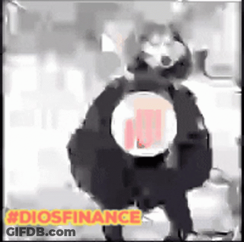A Black And White Video Of A Raccoon Looking Through A Magnifying Glass With The Words Diosfinance In Yellow . GIF