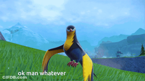 A Black And Yellow Bird Is Standing In The Grass With The Words Ok Man Whatever Above It GIF