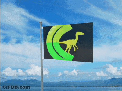 A Black And Yellow Flag With A Dinosaur On It GIF