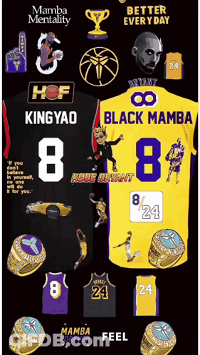 A Black And Yellow Mamba Jersey With The Number 8 On The Front GIF