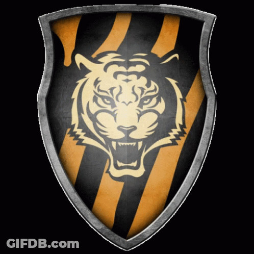 A Black And Yellow Striped Shield With A Tiger Head On It GIF
