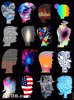 A Black Background With A Bunch Of Silhouettes Of People 'S Faces GIF