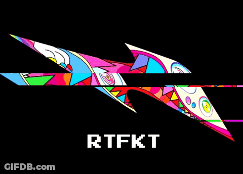 A Black Background With A Colorful Design And The Words Rtfkt On It GIF