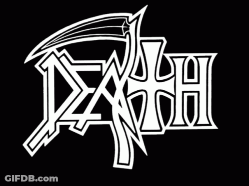 A Black Background With A Death Logo In Blue And Pink GIF