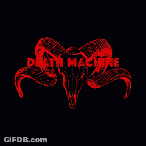 A Black Background With A Ram Skull And The Word Death Machine In Red GIF